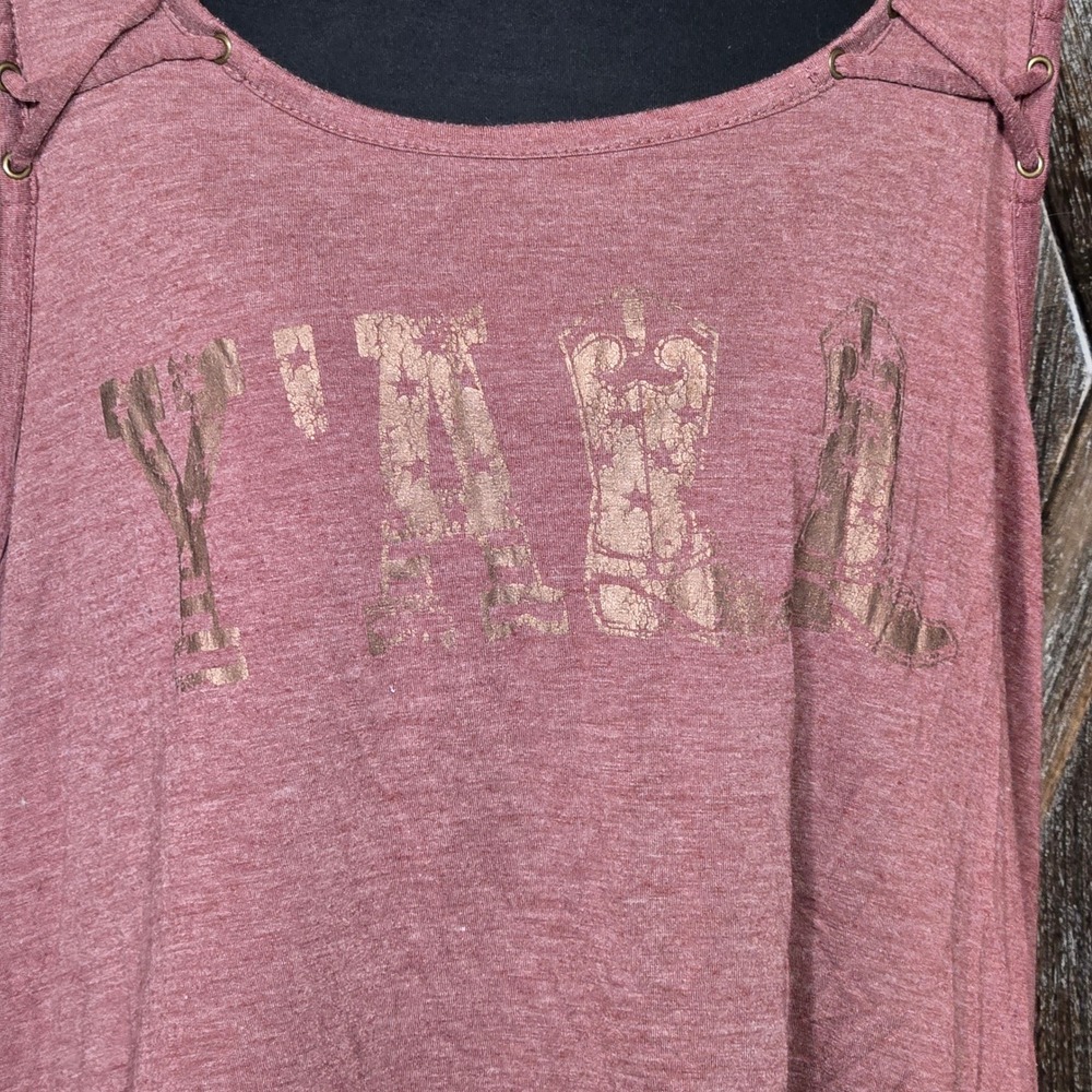 Maurices Womens Y\'ALL Cowboy Boot Graphic Tank Top Rose Pink Lace Up Shoulder 1